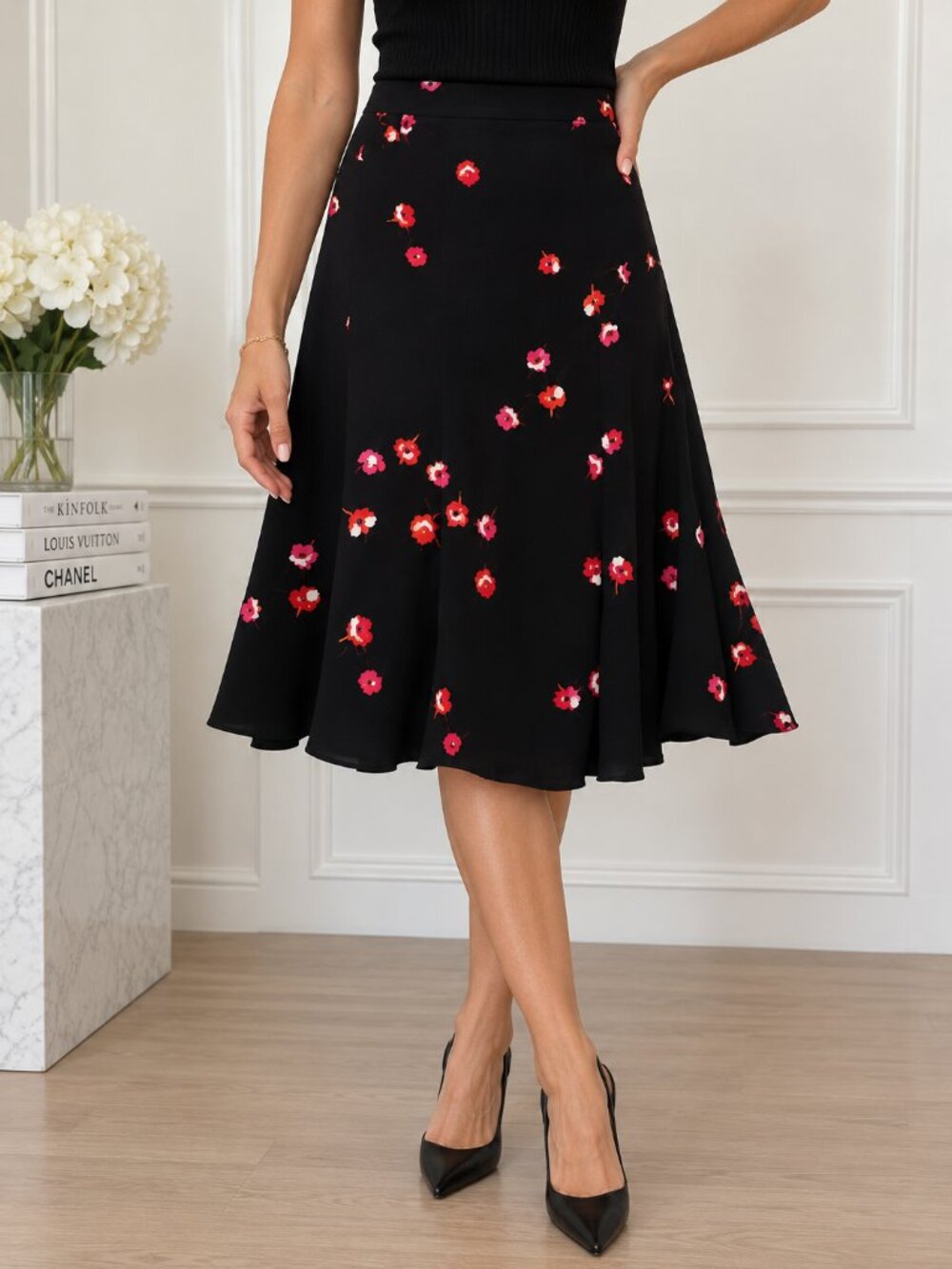 Kate Spade Skirt The Rules Black Pink Floral Ruffle A-Line Skirt Women's